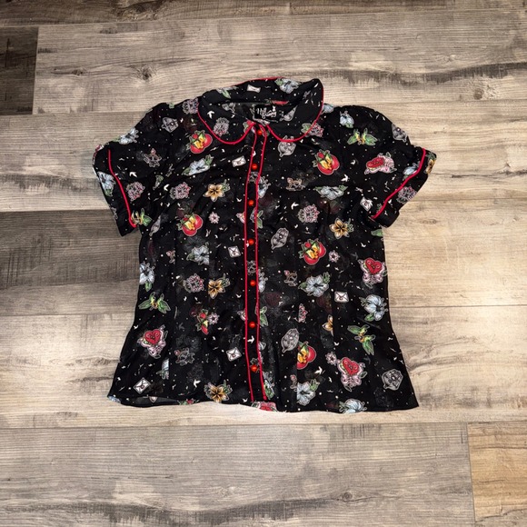 Hell Bunny Tops - Hell Bunny Sheer Tattoo Print Button Up Blouse Black Pinup Rockabilly